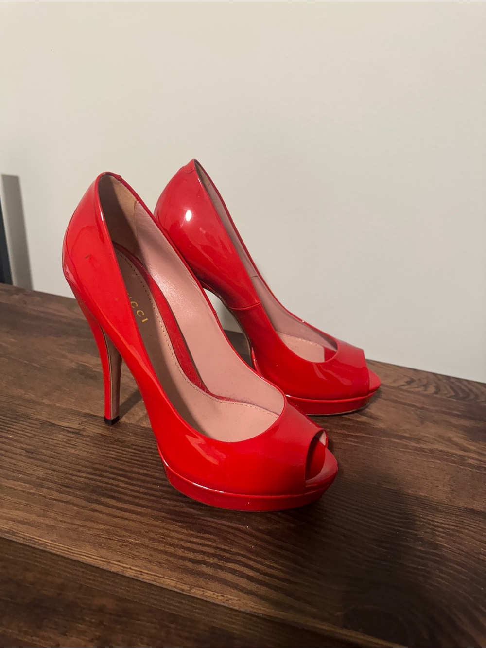 Gucci Red Patent Peep-Toe Platform Pumps